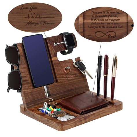 that keeps your essentials close at hand. Great gift idea for Father's Day, birthday, or any other special occasion. #mensgift #fathersdaygift #birthdaygift Nightstand Organizer, Boss Birthday Gift, Phone Docking Station, Wooden Docking Station, Phone Charging Station, Halloween Costumes To Make, Key Holder Wallet, Watch Organizer, Best Gifts For Him