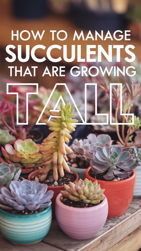 A collection of leggy succulents in pots, showcasing tips for managing tall growth and proper pruning techniques for healthy plants. Leggy Succulents Tips, Pruning Succulents, Leggy Succulents, Succulents Growing, Replanting Succulents, Succulent Care, How To Grow Taller, Replant, Indoor Garden