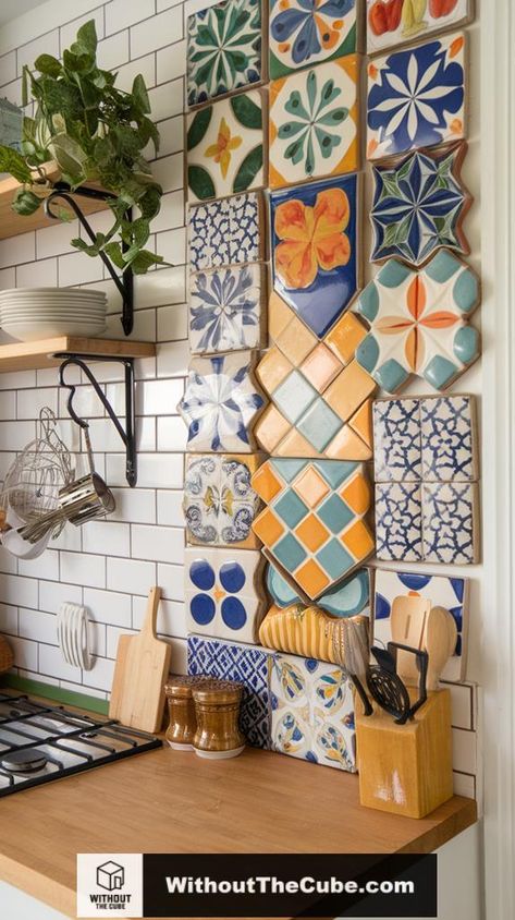 Artistic tile arrangements can dramatically enhance the aesthetic appeal of your kitchen. By exploring colorful tile backsplash ideas, you can transform your space with unique patterns and textures. Consider how geometric designs or accent tiles can create stunning focal points, inviting you to discover more possibilities for your kitchen makeover. #HomeDecor #KitchenDesign #WallDecorInspo #EclecticStyle #DIYHome #InspirationIdeas Wallpaper In Kitchen Backsplash, Decorative Tile Backsplash Kitchen, Half Wall Kitchen Ideas, Colorful Kitchen Walls, Boho Backsplash Kitchen, Colorful Backsplash Kitchen, Colorful Tile Backsplash, Kitchen Dado, Bohemian Kitchen Ideas