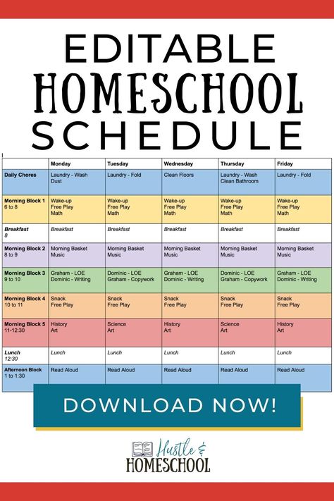 Get a copy of our weekly homeschool schedule. This editable homeschool schedule allows you to create a personalized homeschool routine. After you've made it, print it out and hang in on your refrigerator or at your command center. Preschool Homeschool Schedule, Kindergarten homeschool schedule, elementary homeschool schedule, free printable homeschool schedule, middle school homeschool schedule, high school homeschool schedule 9th Grade Homeschool Schedule, Homeschool Block Schedule, Middle School Schedule, Block Schedule Template, Kindergarten Homeschool Schedule, Homeschool Schedule Printable, Homeschool Schedule Template, Homeschool Daily Schedule, High School Schedule