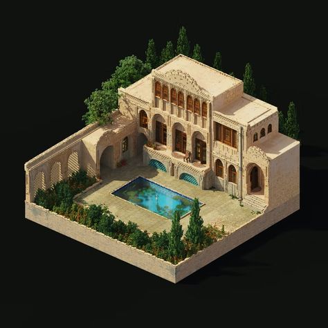 Persian House | Foundation Persian House, Fantasy Village, Iranian Architecture, Persian Architecture, Japanese Castle, House Foundation, Ancient Persia, Ancient Persian, Building Concept