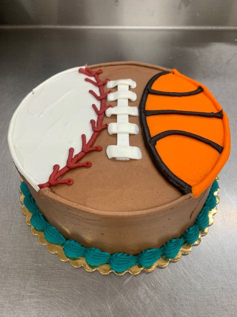 Football Baseball Basketball Cake, Tampa Bay Buccaneers Cake Ideas, How To Make A Basketball Cake, Sport Themed Cake, Sports Sheet Cake, Baseball Cakes For Boys, Cake For 11th Birthday Boy, Cake Ideas For Men Simple, Sport Birthday Cakes