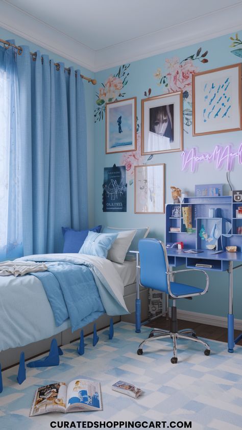 Discover 17 stunning blue dorm room ideas that transform your space into a cozy retreat. From nautical vibes and bohemian bliss to modern coastal and tech-savvy themes, find inspiration to create your perfect blue haven. Blue room decor, dorm room makeover, dorm room decor, blue dorm decor, blue room inspiration, blue dorm room aesthetic, blue dorm ideas, blue dorm aesthetic, blue dorm bedding, blue dorm room decor, blue dorm rug, blue dorm bed, blue dorm wall decor, cozy dorm room. Blue Bedroom For Girls Ideas, Light Blue Girls Room Ideas, Blue Girl Room Ideas, Preppy Blue Room Ideas, Pastel Blue Room Ideas, Blue And Brown Room Aesthetic, Teen Girl Blue Bedroom Ideas, Girls Room Blue Walls, Blue Room Colors