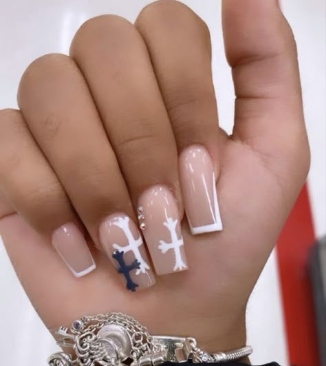 Nails for the girlies if you wanted any inspiration or design . 💕 White Cross Acrylic Nails, Acrylic Nail Designs With Crosses, Cross Gel Nails, Cross Short Nails, Short Acrylic Nails With Cross, Acrylic Nails Cross Design, French Tip Cross Nails, Pink Nails With Cross, French Tip Nails With Cross