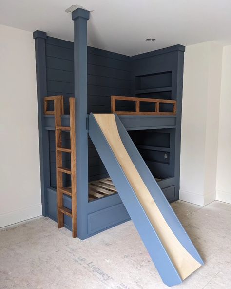 Craftsman Remodel, Bunk Bed With Slide, Bunk Beds Built In, Built In Bunks, Built In Bed, Bunk Beds With Stairs, Bed With Slide, Slide Design, Bunk Bed