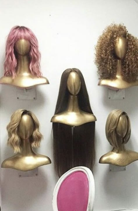 Wig Station Ideas, Wig Display Wall, Hanging Wigs On Wall, Wig Collection Display, Wig Studio Ideas, Hair Boutique Ideas Decoration, Wig Storage Ideas Closet, Hair Stylist Room Decor, Hair Stylist Studio Ideas