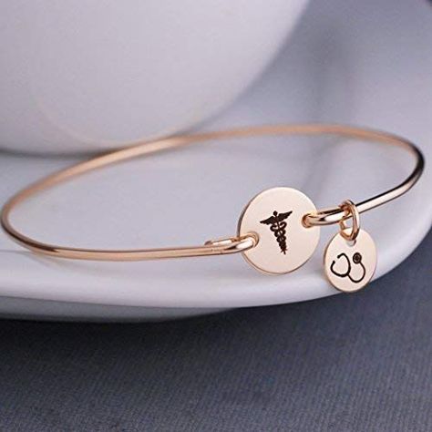 Doctor Jewelry, Medical School Graduation Gift, Nurse Jewelry, Stethoscope Charms, Bangle Bracelet Gold, Medical School Graduation, Nurse Stethoscope, Nursing School Graduation, Medical Jewelry