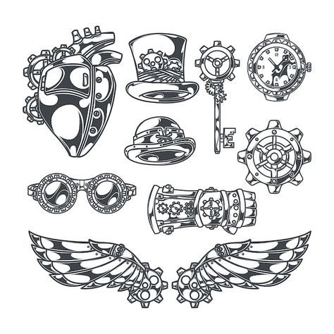 Steampunk set of isolated decorative ico... | Free Vector #Freepik #freevector #clockwork #steam-punk #steampunk #gear-wheel Steampunk Vector, Steampunk Drawings, Punk Tattoo Ideas, Steam Punk Aesthetic, Steampunk Tattoo Design, Steampunk Mechanic, Steampunk Coffee, Steampunk Drawing, Beetle Illustration