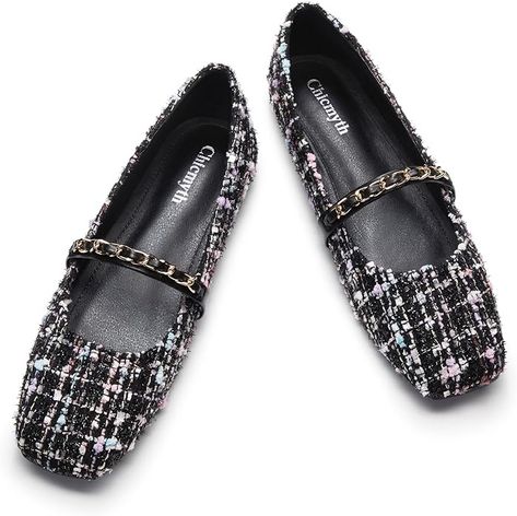 Amazon.com | Chicmyth Mary Jane Flats;Square Toe Metal Chain Flats;Tweed Fabric Delicate and Elegant Women Shoes (US 8,Black) | Flats Mary Jane Flat Shoes, Mary Jane Shoes Flat, Shoe Insoles, Mary Jane Flats, Tweed Fabric, Metal Chain Link, Fabric Squares, High End Fashion, Texture Design