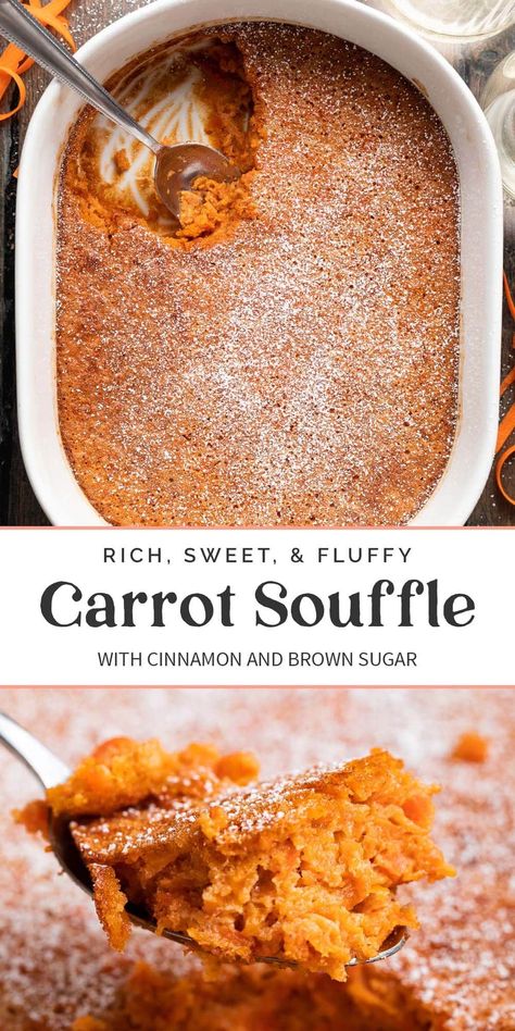 Perfectly sweet carrot soufflé will take your holiday table up a notch! With some very simple ingredients, you'll have a light and fluffy crowd-pleasing side dish. Carrot Recipes Side Dishes, Carrot Souffle, Easy Holiday Side Dishes, Sweet Potato Souffle, Souffle Recipes, Sweet Carrot, Cooked Carrots, Bon Appetite, Carrot Recipes