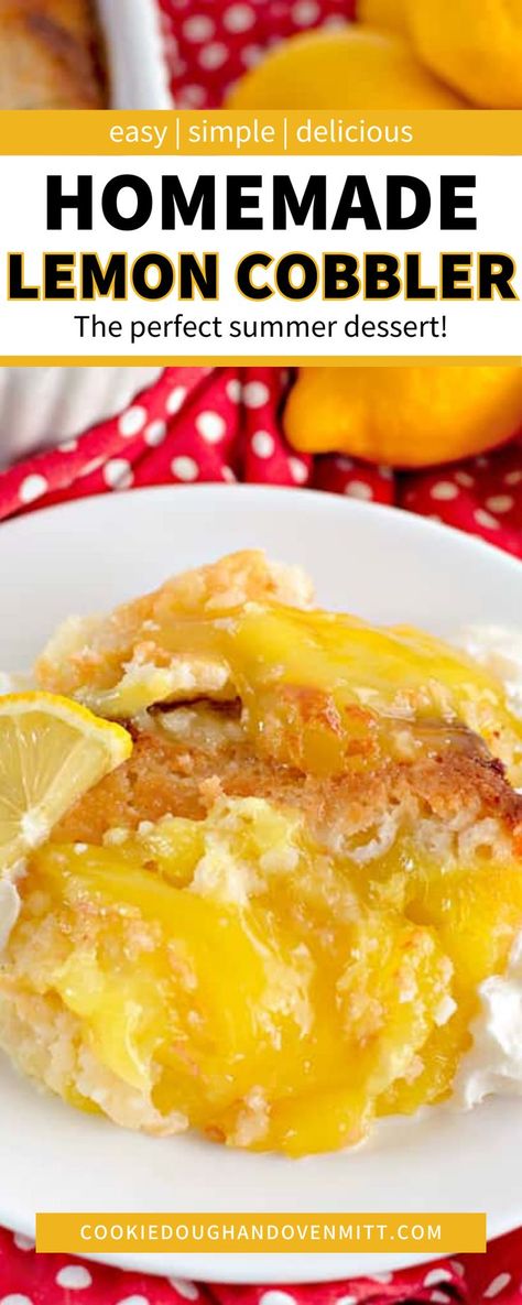 This Homemade Lemon Cobbler Recipe features a delicious cobbler topping with canned lemon pie filling. Baked to golden perfection, it makes a bright dessert that pairs well with ice or whipped cream. Best of all, it's easy to prepare! It's simple, easy, and delicious, making it the perfect summer dessert. Lemon Cobbler, Lemon Dump Cake Recipe, Lemon Pudding Recipes, Pie Filling Desserts, Lemon Desserts Bars, Easy Lemon Pie, Recipe Using Lemons, Lemon Desserts Easy, Cobbler Recipes Easy