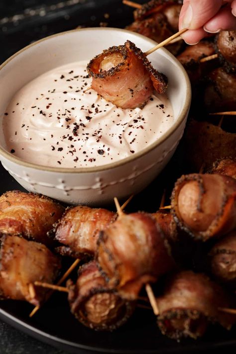 Sour Cream Dipping Sauce, Bacon Wrapped Potatoes, Homemade Chex Mix, Bacon Wrapped Chicken Bites, Potato Appetizers, Seasoned Butter, Spicy Dipping Sauce, Mini Potatoes, Wrapped In Bacon