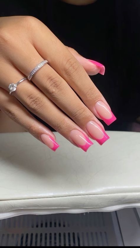 #summernails #beachnails #nailinspo #nailinspration #nails #pinknails #frenchtips #girly #pink #birthdaynails #sweet16 #amazon #press ons Cute Almond French Tip Nails Design, Short Nails Ideas Pink French Tip, Acrylic Nail Designs Pink French Tips, French Tip 1.5, French Nail Pink Tips, Pink Nails Ideas French Tip, Small Pink French Tip Nails, Bright Pink French Tip Nails Square, Hot Pink French Tip Acrylic Nails