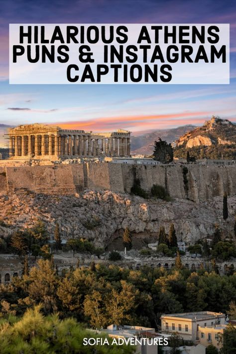 Want some hilarious Athens puns and puns about Greece? From ruins to Acropolis jokes to puns about neighborhoods in Athens, we've got some hilarious Athens jokes that you can quote on your Athens Instagram captions, on all the great photos of Athens you take at the city's most Instagrammable places! Athens Instagram Captions, Greece Instagram Captions, Greece Captions, Athens Greece Acropolis, Greece Quotes, Acropolis Greece, Athens Hotel, Athens Travel, Greece Itinerary