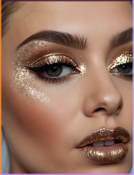 Gold Sparkle Makeup Glitter, All That Glitters Party Theme, Gold Glitter Makeup Looks, Goddess Inspired Makeup, Goddess Makeup Halloween, Gold Christmas Makeup, Sparkle Makeup Glitter, Gold Sparkle Makeup, Disco Party Makeup