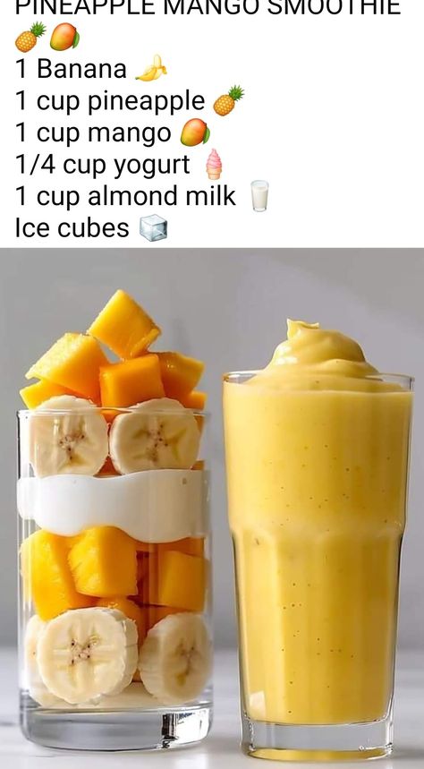 Smoothie Recipes For Breakfast, Tasty Smoothies, Smoothies Vegan, Mango Pineapple Smoothie, Smoothie Ideas, Fruit Smoothie Recipes Healthy, Easy Healthy Smoothies, Smoothie Recipes Healthy Breakfast, Health Drinks