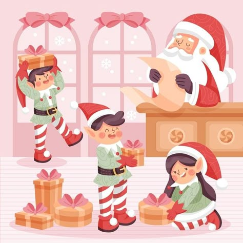 Santa's Helpers Illustration, Santa's Workshop Illustration, Workshop Illustration, Workshop Drawing, Secular Christmas, How To Draw Santa, Christmas Windows, Scene Drawing, Graphic Design Assets