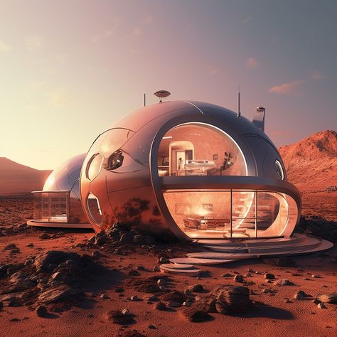 House on Mars Observatory House, Mars House, Futuristic Restaurant, Cyberpunk House, Imaginary City, Urban Block, Mars Colony, Life In Space, Futuristic House