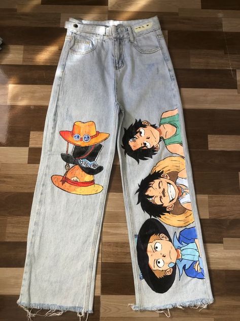 One Piece Jeans, Ace Luffy Sabo, One Piece Painting, Luffy Outfits, Ace Luffy, Custom Pants, Ropa Upcycling, Painted Clothes Diy, Ace Sabo Luffy