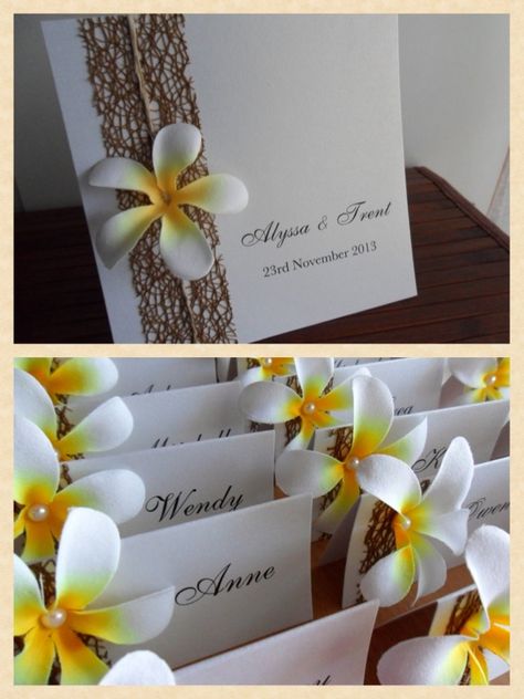 Frangipani wedding invitations and matching frangipani place cards perfect for a beach wedding. Plumeria Wedding, Frangipani Wedding, Pineapple Wedding, Beach Wedding Decorations Reception, Fiji Wedding, Beach Wedding Colors, Beach Wedding Flowers, Wedding Vows Renewal, Flower Wedding Invitation