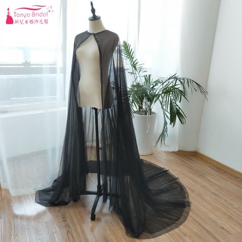 Black Cloak Costume Ideas, Black Bridal Cape, Tulle Cape Diy, Tulle Cloak, Dark Wedding Theme, Wedding Jackets, Tulle Cape, Bridal Store, Black Cape