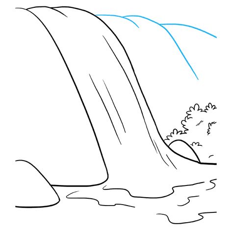 How to Draw Waterfall: Step 7 How To Draw A Lake Step By Step, Lake Drawings Easy, Draw Waterfall, Draw A Waterfall, Pretty Waterfall, Waterfall Drawing, Landscape Drawing Easy, Lake Fun, Easy Drawing Tutorial