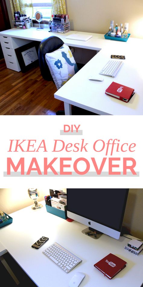 I gave my office a makeover! I used two separate IKEA Linnmon desks to make an l-shaped corner desk and finished it out with two Alex drawers. See how I did it. Ikea L Shaped Desk, Ikea Linnmon Desk, Ikea Corner Desk, Linnmon Desk, Ikea Office Furniture, Ikea Office Desk, Ikea Linnmon, Alex Drawers, L Shaped Office Desk