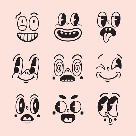 Hand Lettering Styles, Doodle Characters, Drawing Cartoon Faces, Logo Face, Cartoon Face, Face Illustration, Retro Cartoon, Retro Logos, Cartoon Faces