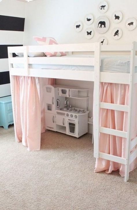 Loft bed idea with play space underneath Cool Loft Beds, Loft Beds For Small Rooms, Grandma Ideas, Beds For Small Rooms, Modern Bunk Beds, Diy Loft Bed, Diy Bunk Bed, Kura Bed, Bunk Bed Designs