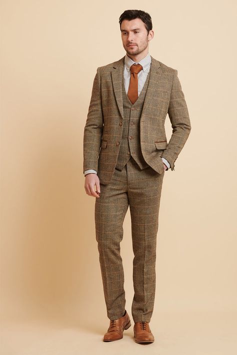 TED - Tan Tweed Check Three Piece Suit Brown Tweed Suits For Men Wedding, Tweed Suit Men, Walima Outfit, Summer Wedding Men, English Suit, Suit For Men Wedding, Tan Brogues, Brown Tweed Suit, Grandad Collar Shirt