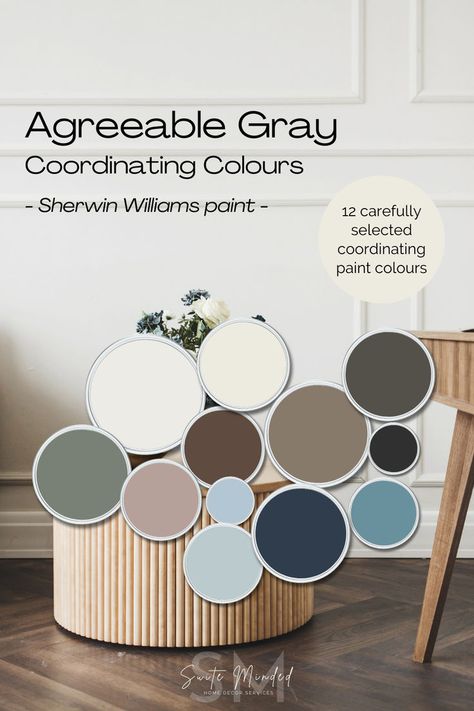 Would you like to use Agreeable Gray from Sherwin Williams in your home but not sure what coordinating colors to use? This whole house paint palette is ideal for you! Discover 12 colors that pair beautifully with this best-selling shade of warm greige to create a relaxing and cosy interior. Shades of brown, gray and blue, you have everything you need to start transforming your home. Find popular paint colors from Sherwin Williams such as Pure White, Alabaster, Naval, and Urbane Bronze. Agreeable Gray Coordinating Colors, House Colour Palette, Gray Coordinating Colors, Whole House Paint Palette, Best Sherwin Williams Paint, House Paint Palette, Urbane Bronze, Agreeable Gray Sherwin Williams, Alabaster Color