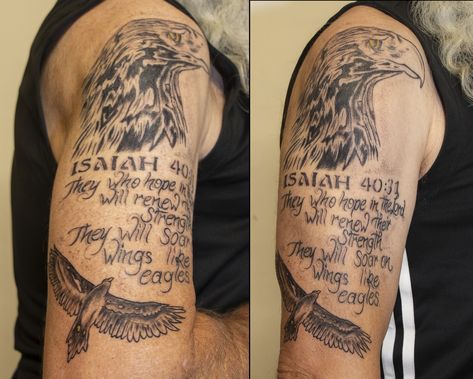 They who hope in the Lord will renew their strength. They will soar on wings like eagles. Wings Like Eagles Tattoo, Isaiah 40 31 Tattoo, Flying Eagle Tattoo, Tattoos Eagle, Wing Tattoos On Wrist, Eagle Back Tattoo, Eagles Tattoo, 31 Tattoo, Eagle Tattoo Design