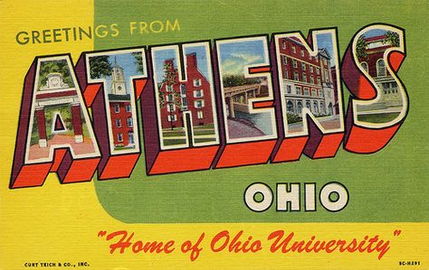 Athens - Ohio University postcard Ohio University Athens, East Liverpool Ohio, Hamilton Ohio, Athens Ohio, Ohio University, Big Letters, Large Letters, Fridge Magnet, Vintage Postcard