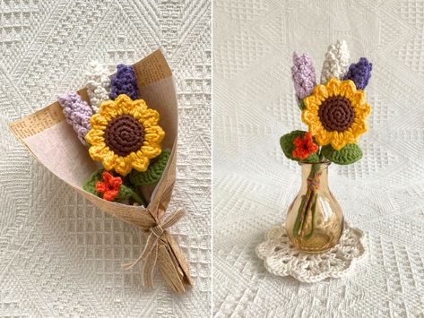 Mini Flower Bouquet Crochet, Crochet Small Flower Bouquet, Mini Crochet Flower Bouquet, Mini Bouquet Crochet, Mini Crochet Bouquet, Crochet Mini Bouquet, Sunflower Crochet Bouquet, Blue Star Flower, Crochet Bouquets