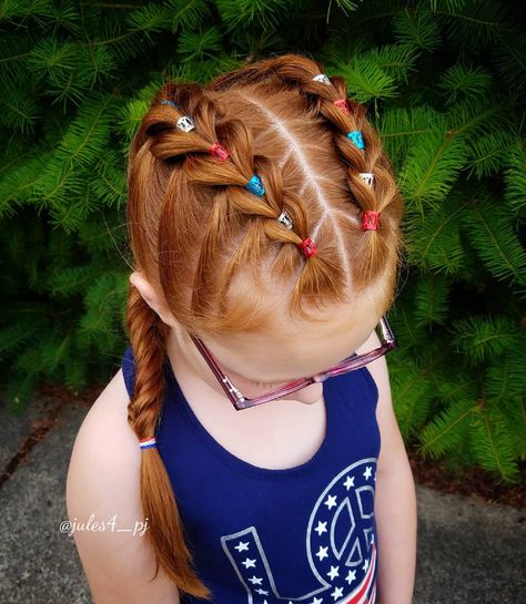 Fourth of July hairstyle. 4th of July hairstyle. Pull-through braids. Fishtail braid. Braid combos. Holiday hair. Braids for kids. Ginger. Redhead hairstyles. Cute Hairstyles For Fourth Of July, 4th Of July Hairstyles For Toddlers, Hair Styles For 4th Of July, July 4th Hairstyles For Kids, Memorial Day Hairstyles For Kids, 4th Of July Hair Ideas For Kids, 4th Of July Hair For Kids, Hairstyles For 4th Of July, 4th Of July Kids Hairstyles