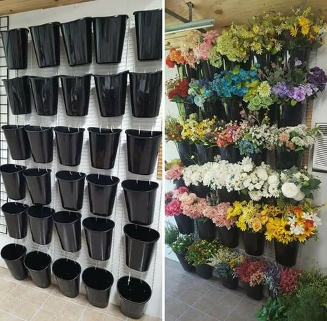 Display Flowers Ideas, Artificial Flower Display Ideas Retail, Flower Wall Retail, Flower Shop Storage, Florist Storage Ideas, Flower Displays, Artificial Flower Organization, Floral Storage Ideas, How To Store Flowers In Craft Room