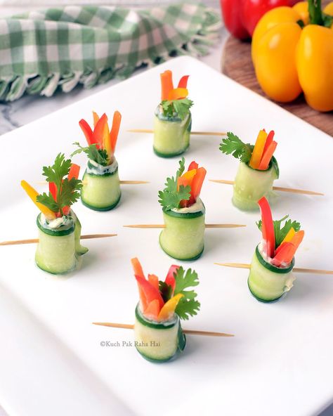 Cucumber Rolls | Cucumber Roll Ups Light Snacks Healthy, Cucumber Roll Ups, Cucumber Rolls, Asian Appetizers, Creamy Cucumbers, Chaat Masala, Summer Snacks, Roll Ups, Pomegranate Seeds