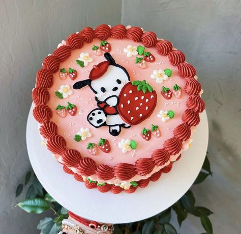 Pochacco Birthday Party, Hello Kitty Strawberry Cake, Sanrio Cake Ideas, Pochacco Strawberry, Sanrio Cake Birthday, Pochacco Cake, Strawberry Sanrio, Sanrio Cake, Bolo Vintage