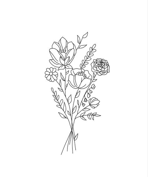 Line Work Bouquet Tattoo, Drawing Of Flower Bouquet, Flower Boquettes Drawings, Flower Line Drawing Tattoo, Simple Flower Bouquet Tattoo, Flower Bouquet Outline, Wattle Tattoo, Flower Bunch Tattoo, Bouquet Line Drawing