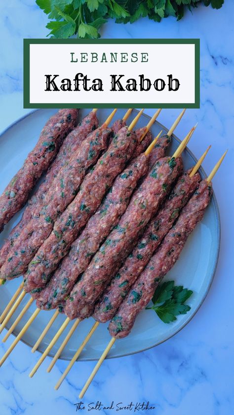 Lebanese kafta kabob Oven Kebab Recipes, Beef Kafta In Oven, Kafta Kebab Recipes, Greek Kebab Recipes, Kafta Skewers, Beef Kabobs In Oven, Chicken Kafta Recipe, Kefta Kabob Recipe, Oven Skewers