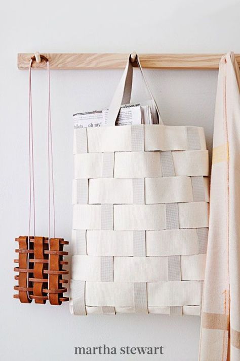 Our totes give new meaning to the phrasebook bag, thanks to a clever construction trick using a book and strips of fabric. Follow our step-by-step tutorial for this easy handwoven tote bag that also makes a great gift. #marthastewart #diydecor #diyprojects #diyideas #hobby Diy Weaving Projects, Diy Headboard Ideas, Woven Hamper, Plain Frames, Tote Tutorial, Headboard Ideas, Frame Store, Diy Headboards, Diy Weaving