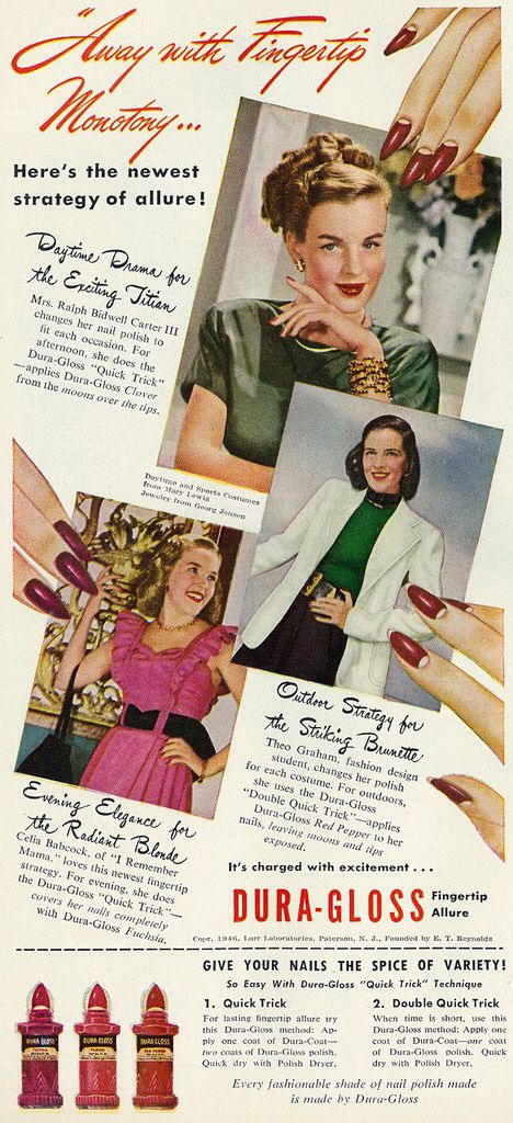 1946 Cosmetics Ad, Dura-Gloss Nail Polish 1940s Nails, Theo Graham, Nail Polish Application, 1940s Makeup, Makeup Advertisement, Fashion Design Student, Forties Fashion, Beauty Ads, Beauty Advertising