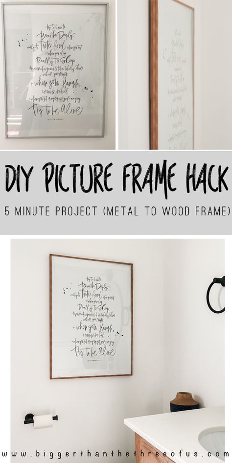 DIY wood picture frame hack. Learn how to transform a metal poster frame with wood grain tape (brown washi tape) in 5 minutes! #photoframehack #DIYFrame Diy Wood Picture Frame, Diy Wood Picture, Diy Poster Frame, Cheap Picture Frames, Diy Picture Frames, Wooden Picture Frames, Wood Picture Frame, Diy Picture, Wooden Picture