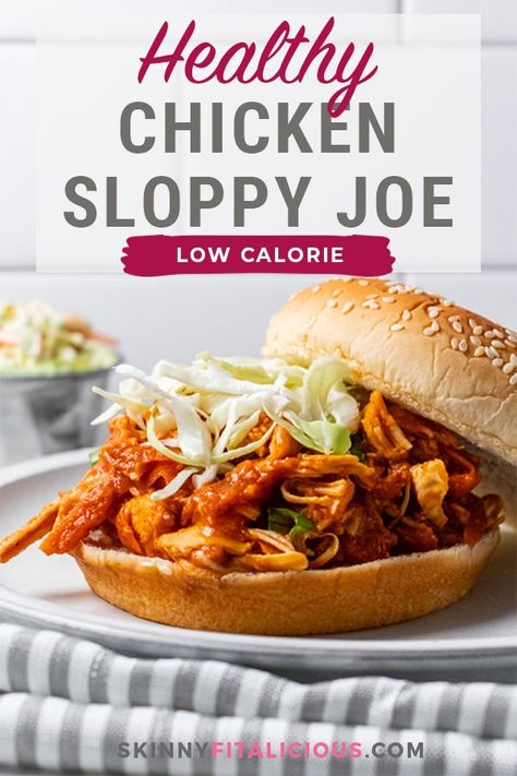 Healthy Chicken Sloppy Joes {Low Calorie} - Skinny Fitalicious® Pulled Chicken Sloppy Joes, Shredded Chicken Sloppy Joes, Healthy Shredded Chicken Sandwiches, Low Calorie Shredded Chicken Recipes, Healthy Shredded Chicken, Healthy Crockpot Chicken, Chicken Sloppy Joe Recipe, Bbq Pulled Chicken Recipes, Recipe Low Calorie