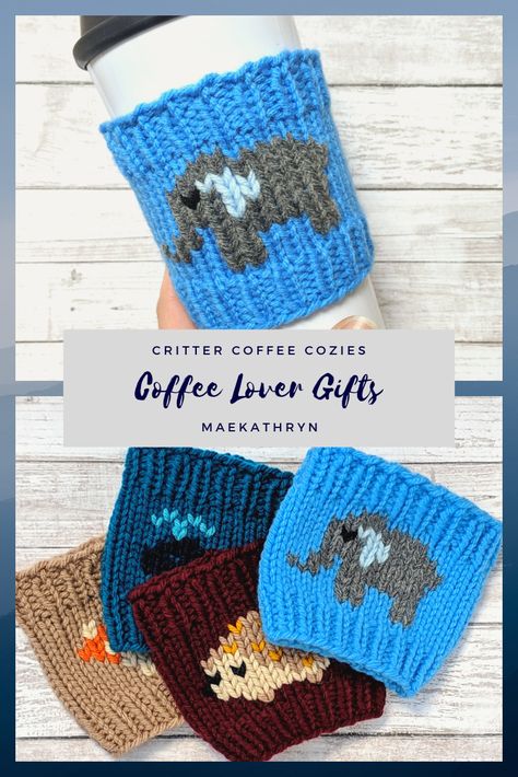 Cup Cozy Knitting Pattern, Knit Cup Cozy, Knit Coffee Cozy, Coffee Cozy Pattern, Cup Cozy Pattern, Coffee Cozies, Cup Cozies, Fun Animals, Coffee Cup Cozy