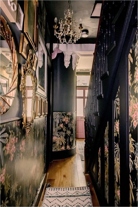 Hallway With Wallpaper, Dado Rail Hallway, Dark Staircase, Pink Hallway, Black Hallway, Hallway Makeover, Hallway Colours, Hallway Wallpaper, Dark Hallway