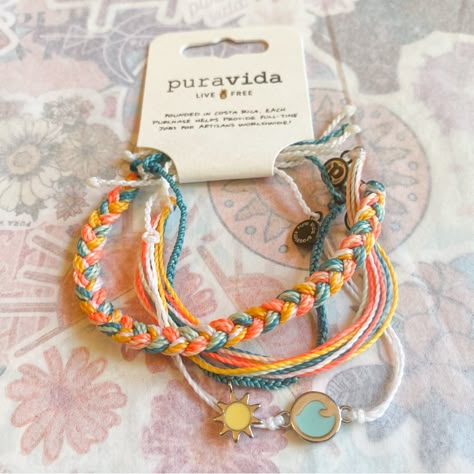 Pura Vida Bracelet Club Selections Were Only Available To Subscribers And Have A Value Of Up To $45! I Have Found In My Time Buying, Selling And Trading Pv Bracelets, This Complete Set Is Tough To Find. In The Original Description It Says This Set Is Made To Give Them Away To Friends. I Guess That's What Everyone Did, Because Finding All The Bracelets (Used Anyway) Has Been Tough! I Was Pretty Stoked To Find One Brand New! These Are Really Cute Though. The Orange Is Very Bright, I'd Say It's Eve Ours Vida Bracelets, Beachy Jewlery, Puravida Bracelets, Jewelry Pura Vida, Surf Wave, Letter Bead Bracelets, Preppy Inspiration, Edgy Jewelry, Pura Vida Bracelets