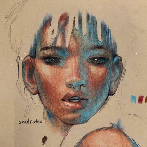 Practice Aesthetic, Doodle Practice, Aesthetic Sketchbook, Colored Pencil Portrait, Color Pencil Illustration, Skin Drawing, Arte Sketchbook, Color Pencil Art, Color Pencil Drawing