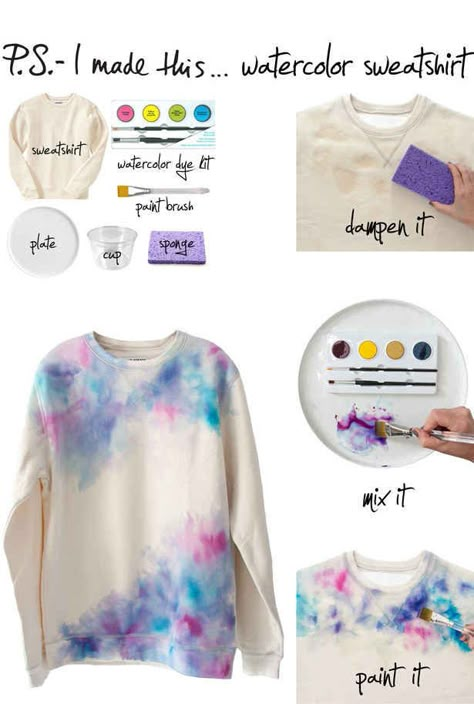 Turn a sweatshirt into a work of art with a drugstore watercolor set. | The 52 Easiest And Quickest DIY Projects Of All Time Tie Dye Crafts, Diy Vetement, Diy Sweatshirt, Quick Diy, Diy Water, Diy Watercolor, Refashion Clothes, Crafty Craft, Diy Shirt