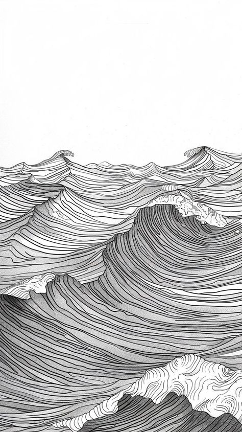 Pen Water Drawing, Water Ink Drawing, Ocean Waves Drawing, Wave Line Drawing, Ocean Sketches, Waves Line Art, Ocean Wave Drawing, Waves Sketch, Painted Waves